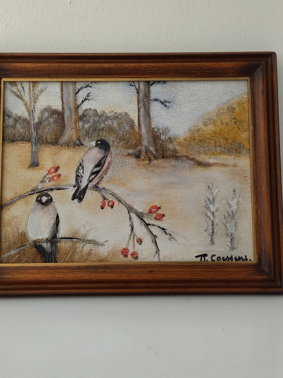 Pequeño Cuadro. Naturaleza Pájaros – Th. Coossens, Arte, Wood, Canvas (photo 4 of 9)