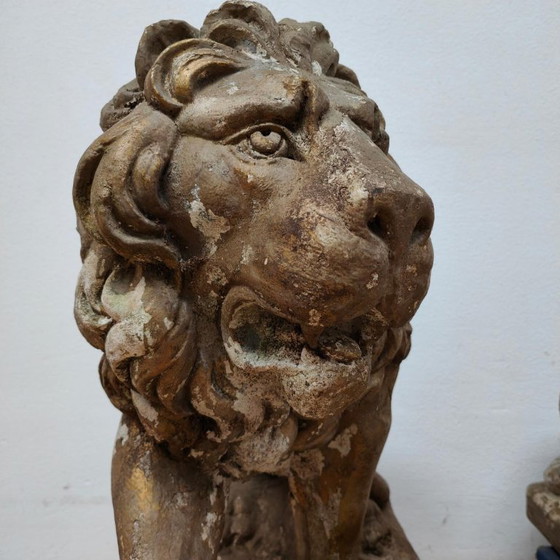 Image 1 of Set di 2 grandi statue da giardino raffiguranti un leone, ornamento da giardino in cemento.
