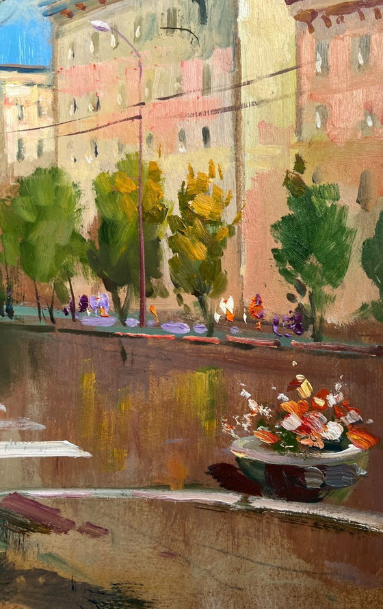 Image 1 of Pintura al óleo original Paisaje urbano de verano Ritmo veraniego de la ciudad