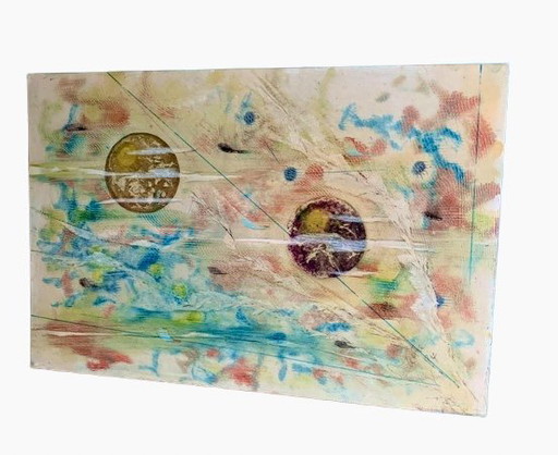 Abstraktes Gemälde - Kosmisch - Einzigartiges, japanisch inspiriertes Lackkunstwerk, signiert « Mestre » 84 - 60x40 cm