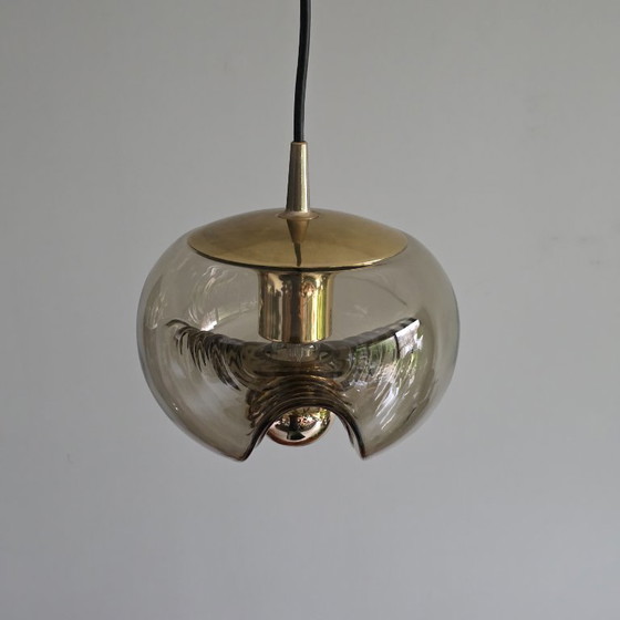 Image 1 of Vintage Space Age pendant lamp – Peill & Putzler “Wave” / “Futura” – 1970s Germany – Smoked glass and metal – Ø 22 cm. Gold.
