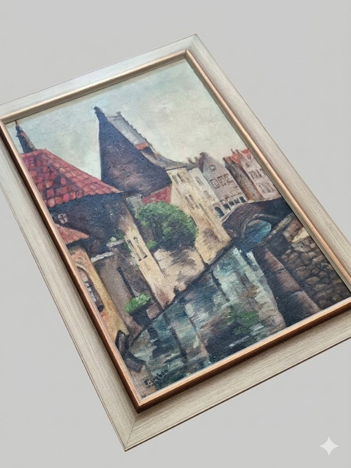 Atmospheric Oil Painting (1935): Historic Canal View of Bruges – schilderijen tekeningen, Wood (photo 2 of 6)