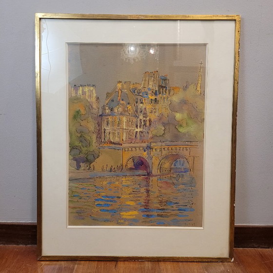 Image 1 of Aquarelle sur papier « Pont Marie, Paris », post-impressionnisme, signée Gilis, 1962 - France