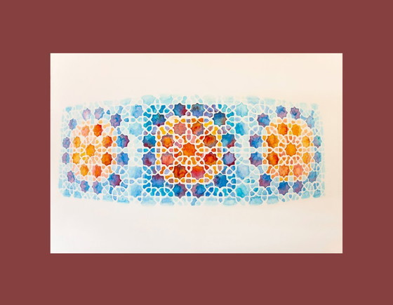 Image 1 of Original watercolor of a Moorish tile. Arabic tile painting. Geometric painting. Watercolor with a geometric motif.
