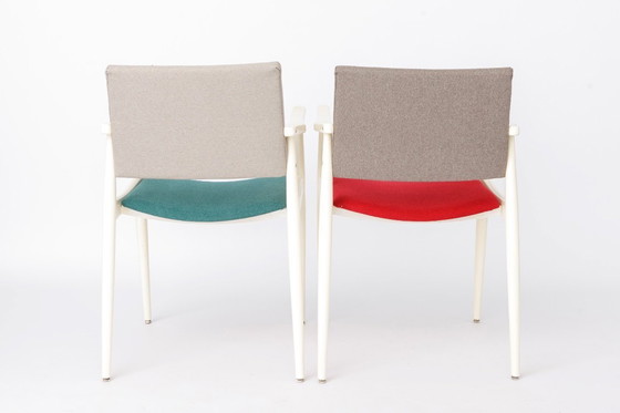 Image 1 of Pair of Vintage White Armchairs, Germany 1970s, Mid Century Dining Chairs with Colorful Upholstery, Beechwood Lounge Chairs