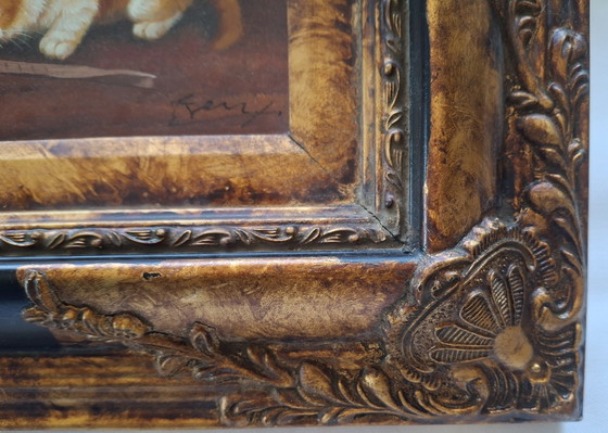 Image 1 of Antiek olieverfschilderij "Drie kittens in een mandje", olieverf op hout, gesigneerd Frey, sierlijke lijst.