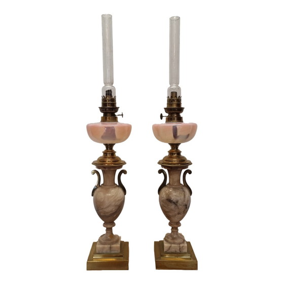 Image 1 of Antique French oil lamps on marble urn, 2nd half 19th century