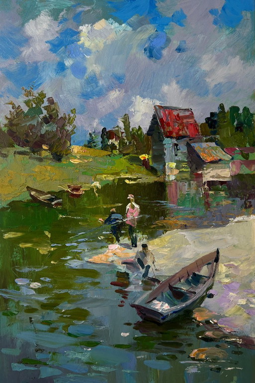 Origineel olieverfschilderij: Zomerlandschap aan de rivier met vissers die rusten aan de oever.