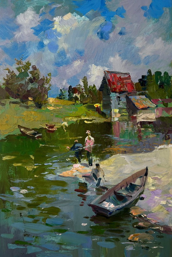 Image 1 of Original Oil Painting Summer River Landscape Fishermen resting near the shore