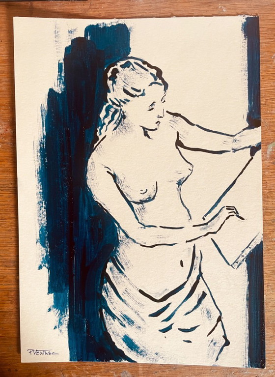 Image 1 of Indigo Blue Ink Painting "Female Model Drawing in the Painter's Studio"