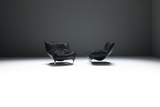 Image 1 of  Very rare black leather cantilever Easy Chairs by Gerard van den Berg - Montis