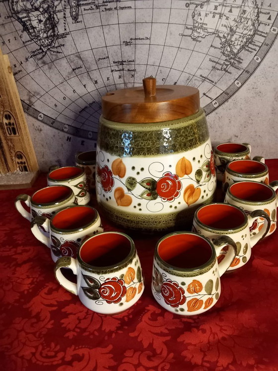 Image 1 of Vintage Schramberg Tirol breakfast set – Hand-painted West German ceramic coffee cups and plates – Porcelain in folk art style