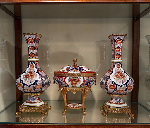 Limoges Porcelain Pair of Vases and Trinket Box - French Floral Imari Style Porcelain and Gilt Brass Mantel Centerpiece