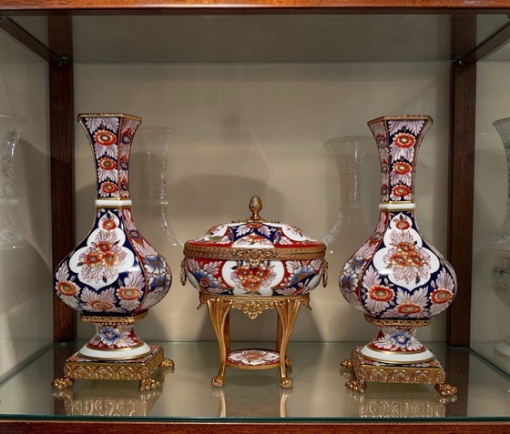Image 1 of Limoges Porcelain Pair of Vases and Trinket Box - French Floral Imari Style Porcelain and Gilt Brass Mantel Centerpiece