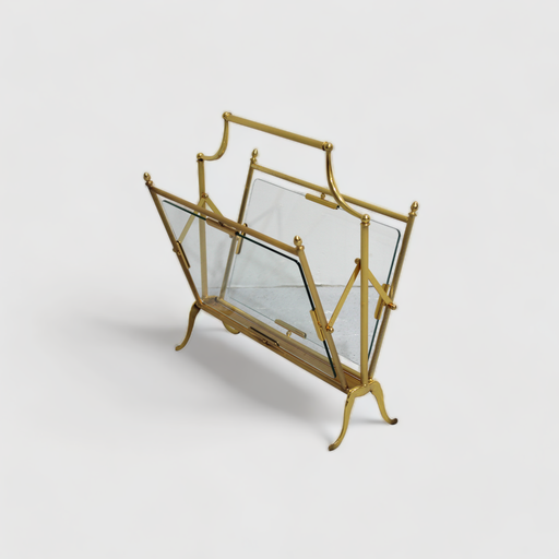 Vintage reading basket, magazine rack - brass, glass