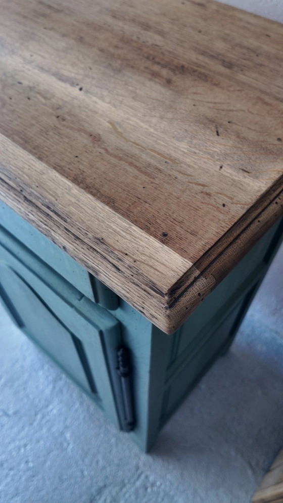 Image 1 of Antique jam cupboard with a sage green patina and solid wood finish