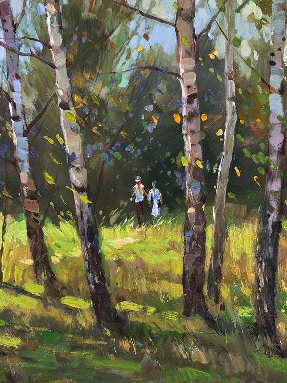 Image 1 of Peinture à l'huile originale, paysage naturel, prairie, promenade parmi les bouleaux