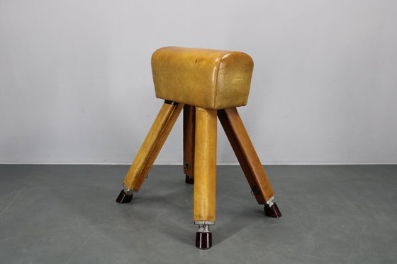 Image 1 of Tsjechoslowaaks turnpaard van leer en hout uit de jaren 50, in hoogte verstelbaar