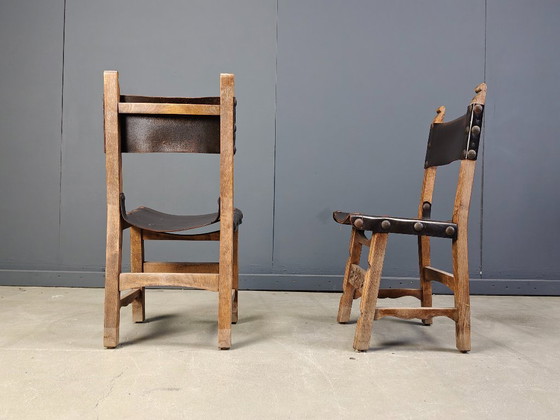 Image 1 of Vintage brutalist leather spanish dining chairs, 1960s