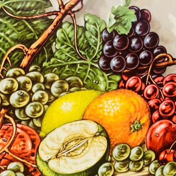 Image 1 of Large vintage round enamel metal tray still life fruit design by Daher