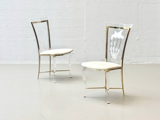 Image 1 of Set: 6 Stühle aus Acrylglas mit Messingdetails von Vereinigte Werkstätten, 1980er Jahre