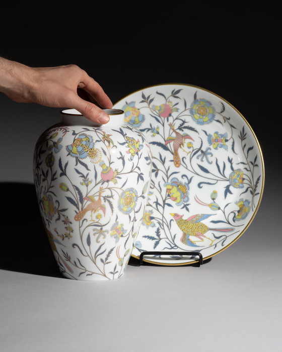 Image 1 of Rosenthal Classic Rose Vase & Matching Decorated Plate Multicolour Flora & Gold 