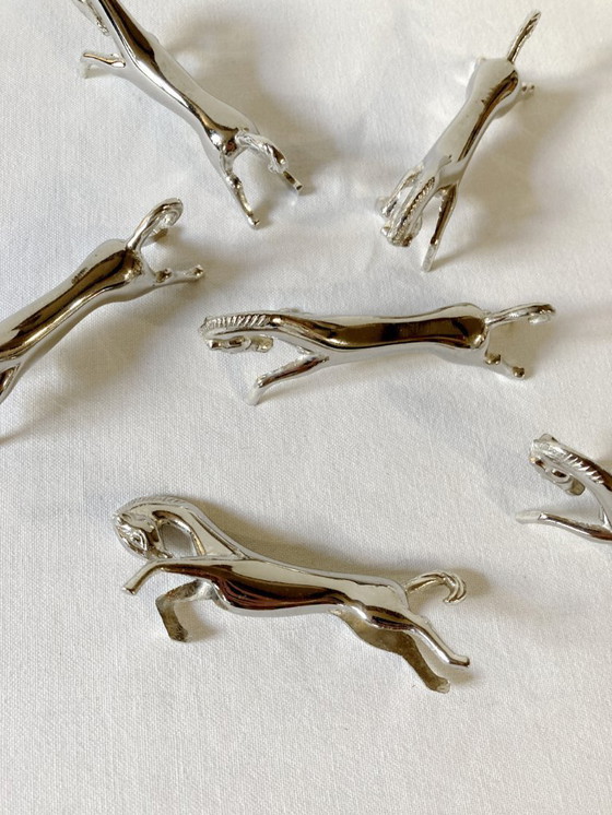 Image 1 of Six silver-plated metal knife rests in the shape of horses. 1960s
