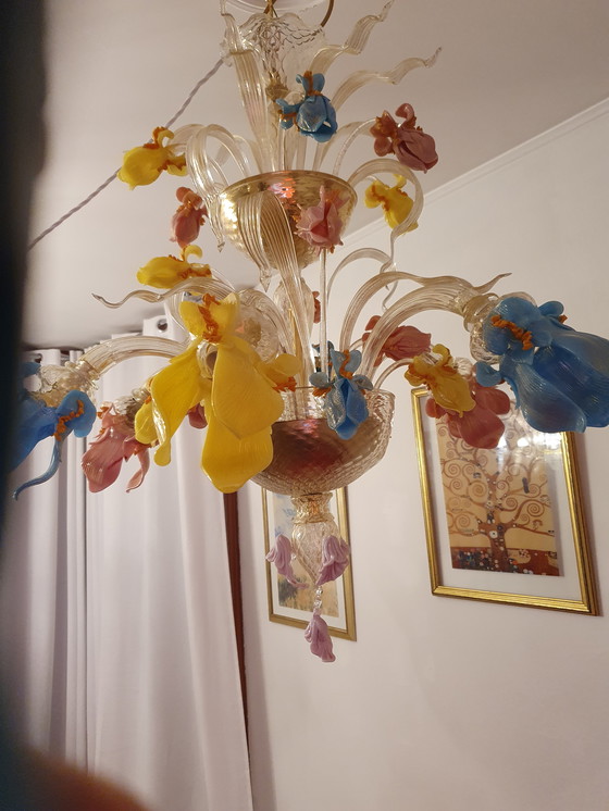 Image 1 of 6-Arm Murano Glass and Glass Paste Chandelier