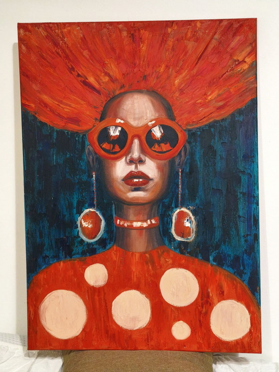 Pop Art Painting "Amanita Mushroom Girl" (50x70 cm), Canvas, Blue (photo 4 of 12)