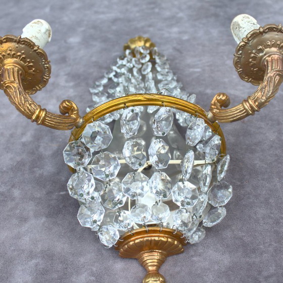 Image 1 of Antique set of 2 gilded brass sconces with crystal cutted drops romantic home decor from France