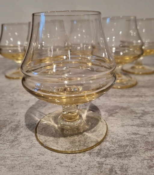 Unique Set of 6 Hand Blown Antique Amber Cognac Glasses