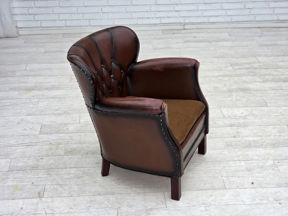 Image 1 of 1930s, Danish armchair, brown furniture leather, velour.