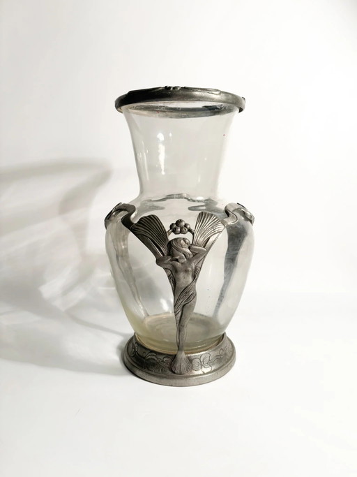Vaso Art Nouveau in Vetro Trasparente e Peltro Intagliato, Inizio XX Secolo