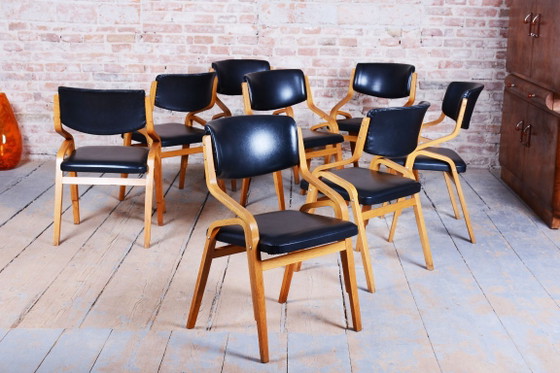 Set of Eight Restored Mid-Century Chairs, by Ludvik Volak, Maple, Czech, 1960s – Dining chairs, Wood, Skai (photo 3 of 20)