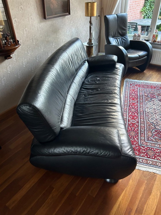 Designer Black Leather Sofa (3-Seater) and Two Matching Black Leather Chairs (Recliner) – 3-5 seaters (photo 2 of 7)