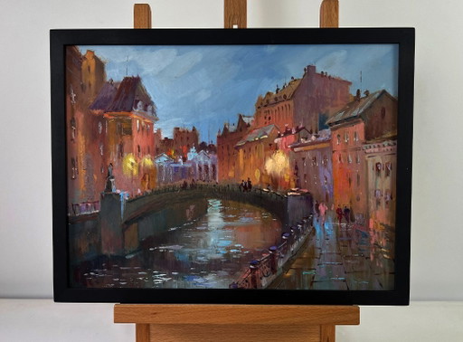 Original Oil Painting Evening Bridge Landscape Streets of the city at night