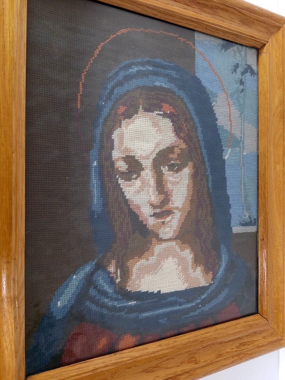 Image 1 of Ricamo a punto croce vintage fatto a mano, arazzo da parete in gobelin, Vergine Maria, Signora di Lourdes, icone cattoliche, cor