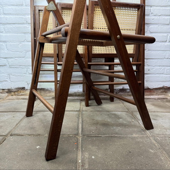 Image 1 of 4 x Chaises pliantes en bois cannées Mid Century - design italien avec cannage en sangle