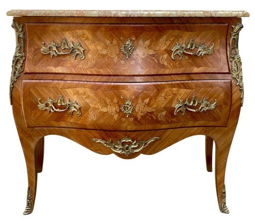 Louis XV style chest of drawers in marquetry and veined marble