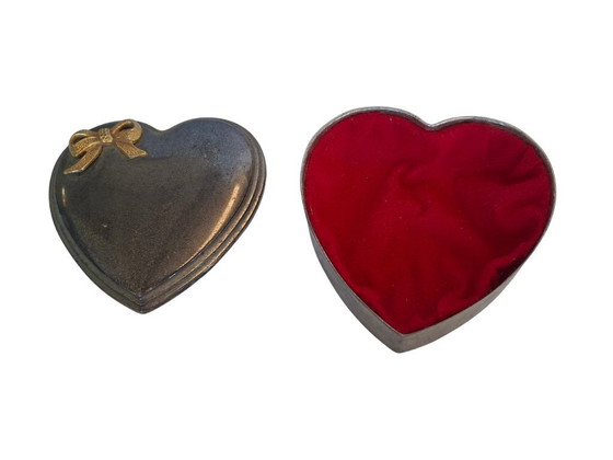 Image 1 of Heart-Shaped Metal Jewelry Box with Gold Bow and Red Velvet Interior