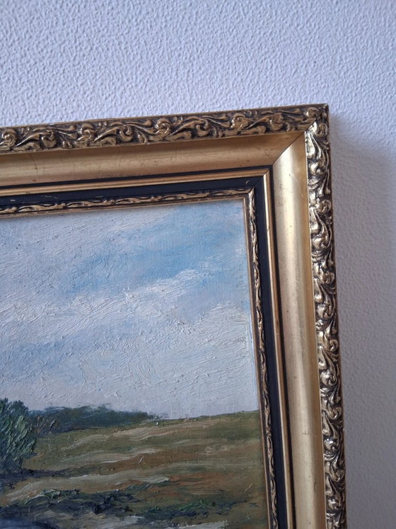 Image 1 of Dipinto originale ad olio su tela con cornice in legno | Paesaggio fluviale | Vintage
