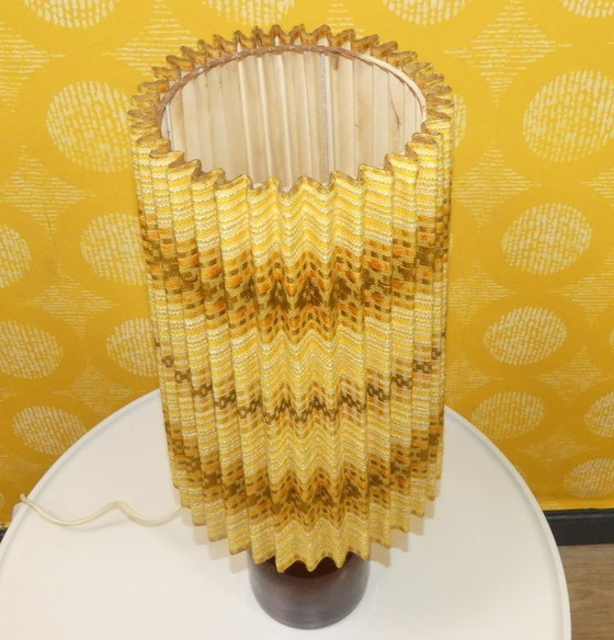 Image 1 of Table lamp 70s amber glass base light yellow patterned pleated shade vintage retro seventies space age flower power