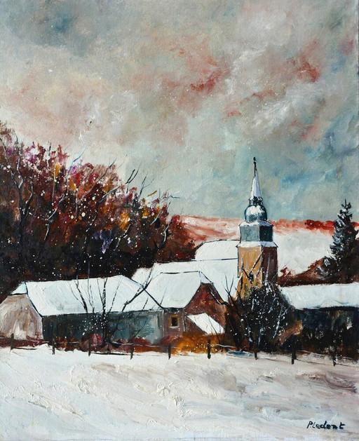 Schilderij, Besneeuwd landschap met kerk, Multi Color