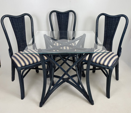 Image 1 of Vintage set eighties manou bamboo chairs dining table top glass
