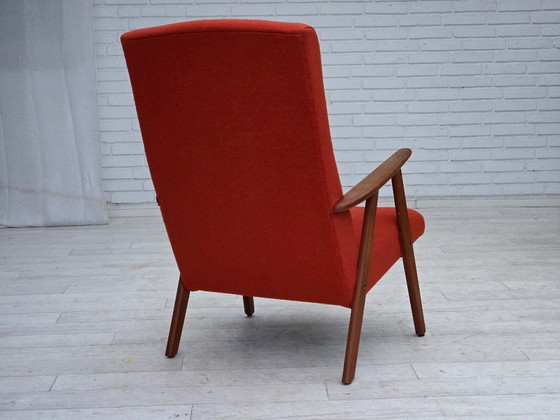 Image 1 of Anni '70, poltrona danese con schienale alto, mobili in lana arancione, legno di teak, legno di quercia.