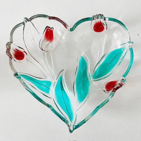 Image 1 of Ciotola vintage a forma di cuore in vetro con design 3D Tulip di Nadine Germany Walther Glass, anni '70