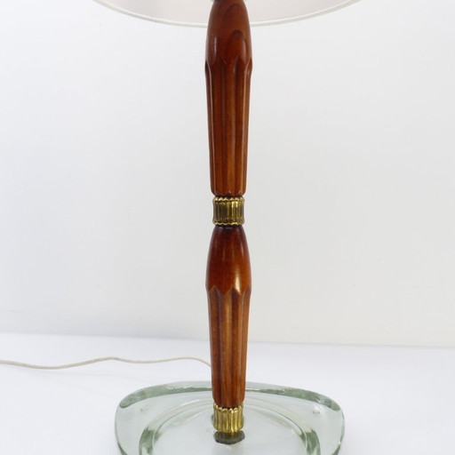 Scandinavian table lamp in aqua glass, wood and brass – attributed to Nybro Armaturfabrik, Sweden, 1960s (photo 2 of 8)