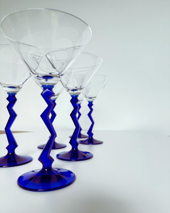 Image 1 of A set of 6 rare Martini glasses with a cobalt blue zig zag stem