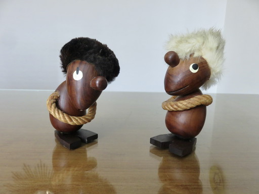 2 Scandinavische figuren, in teak, optimistisch en pessimistisch, stijl Hans Bolling