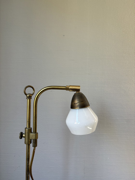 Image 1 of Vintage Art Deco brass with white milk glass shade, adjustable in height